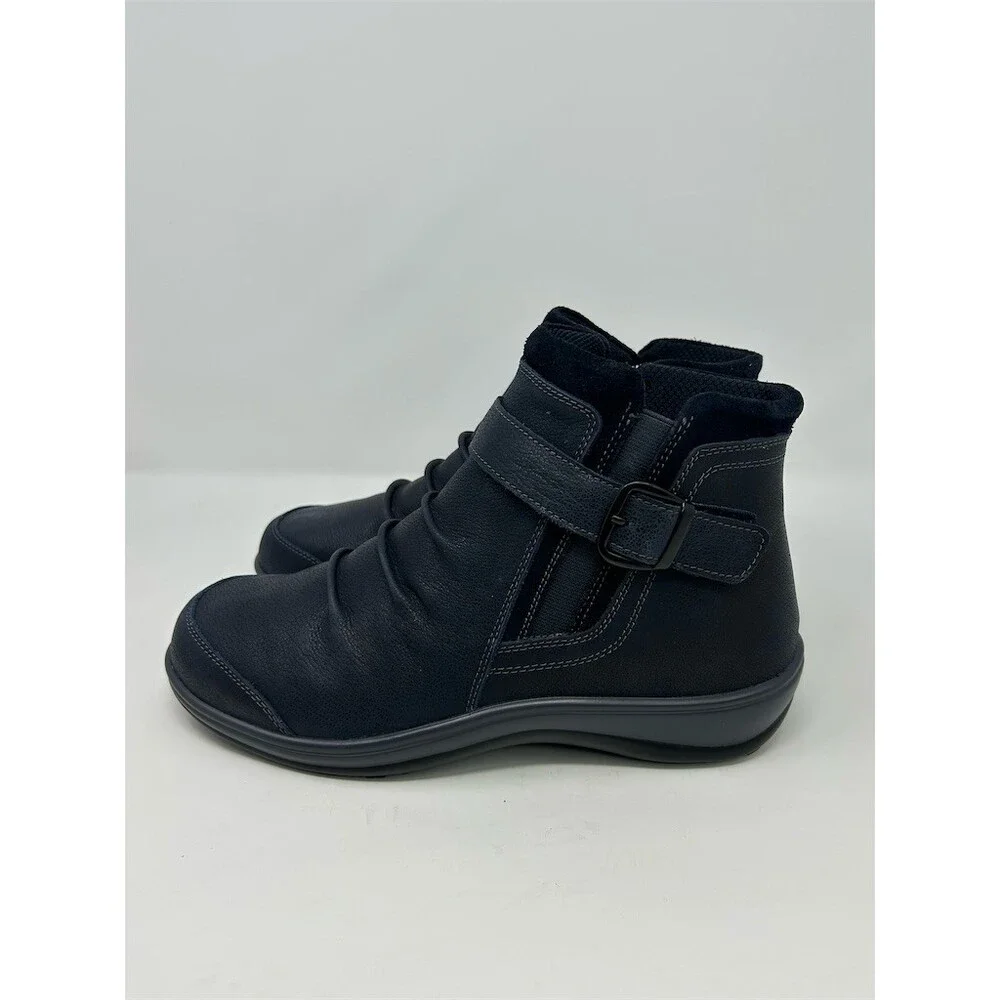 Orthofeet Heidi Womens Orthopedic Navy Blue Ankle Boots Buckle Strap Size 10 W